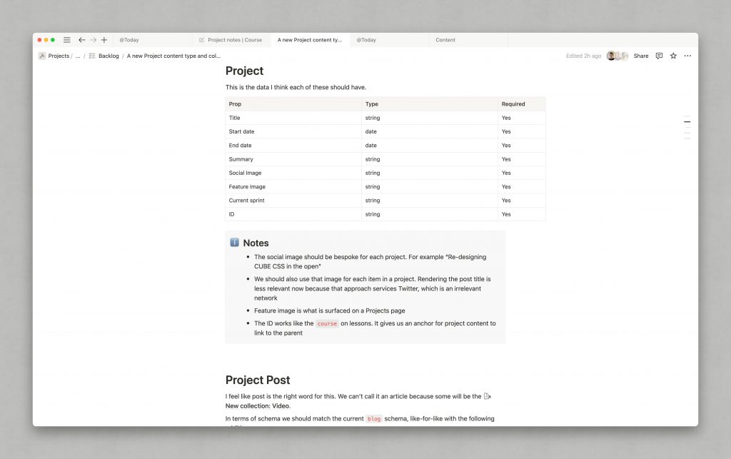 Screenshot of a Notion document outlining a 'Project' content type. It includes a table listing required properties like Title, Start date, End date, Summary, Social Image, Feature Image, Current sprint, and ID. Below, a 'Notes' section provides guidance on image usage and linking. A 'Project Post' section follows with further schema notes.